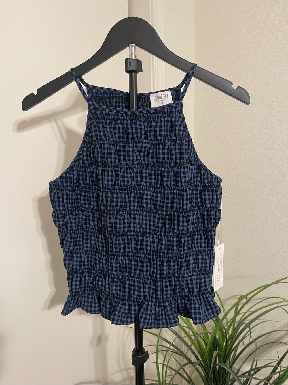 Sienna Sky Dark Navy Plaid Smocked Halter Cami